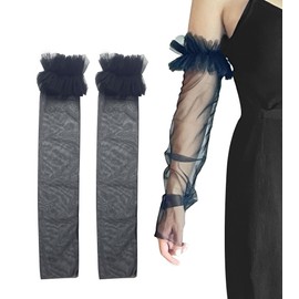 changyexi Lace Arm Sleeves To Cover Arms Women Fashion Gloves for Bridal Wedding Dresses Puffy Sheer Detachable Mesh Tulle Sleeves (black, One size)