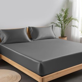 LINENWALAS Super King Fitted Sheet, 100% Organic Bamboo Silk Fitted Sheet, Up to 40cm Deep Pocket Undersheet, Soft Cooling Bedding Fitted Sheet (Charcoal, Super King)