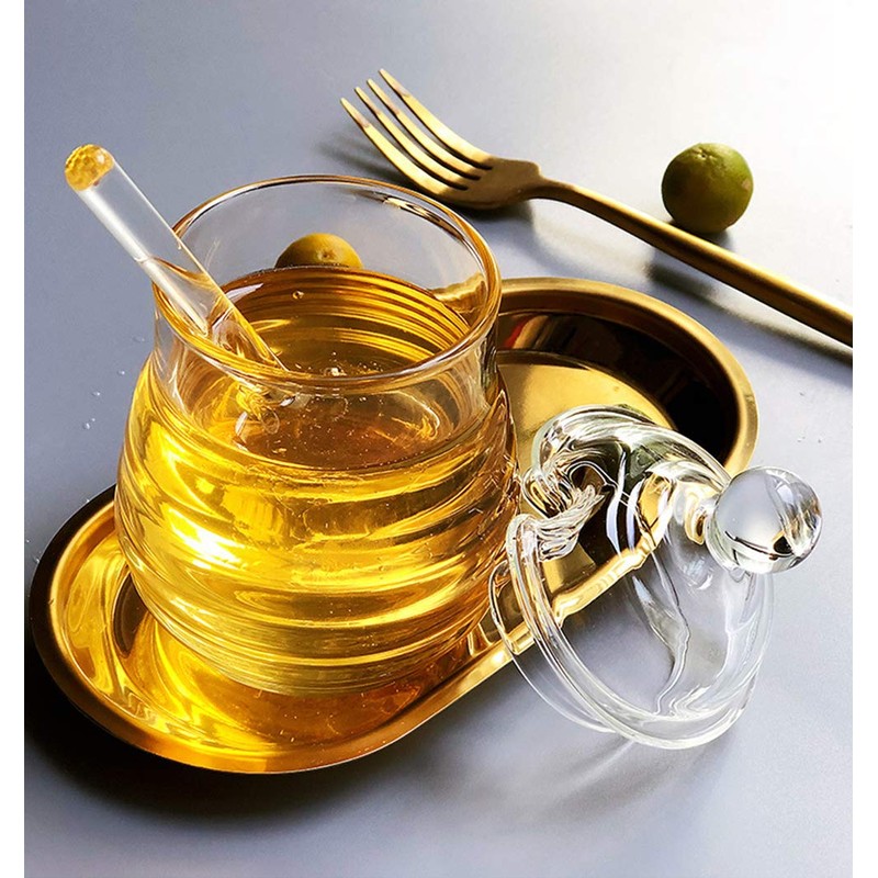 Lawei Glass Honey Jar with Dipper and Lid, 10 OZ