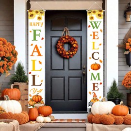 Happy Fall Y'all Porch Banner Sign Flag 71" X 12", Maple Sunflower Pumpkins Gnome Front Door Decorative Hanging Welcome Banner Flag, Autumn Thanksgiving Decoration Home Outdoor Decor