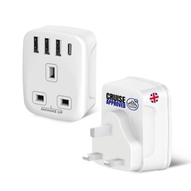 Cruise Approved UK Plug Extender – Non Surge for Cruises – 3 USB + 1 USB-C – Works on P&O, Marella, Cunard, Fred Olsen, Ambassador and more – Cruise Essential
