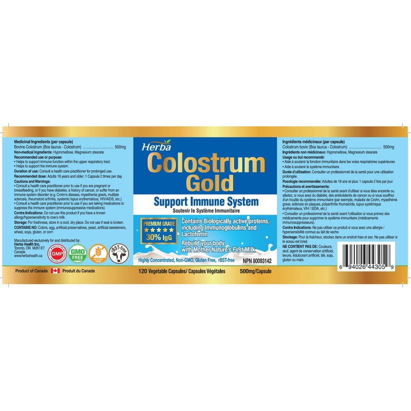 Herba Bovine Colostrum Supplements 500mg - 120 Capsules | 30%