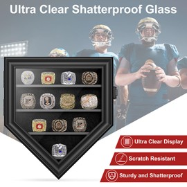 Championship Ring Display Case, 12 Posts Baseball Ring Holder, Lockable Wall Mount Wooden Shadow Box for Multiple Championship Rings