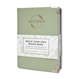The Kikaze Collection | Leather Blank Recipe Notebook | 8.4” x 6” Hardcover Recipe Book to Write in Your Own Recipes | Heirloom Gift Sage Green & Gold Journal | 60 Recipes | Tabs, Pocket, Stickers & Bookmarks