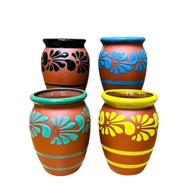 Set of Multicolor 4 Plumeado Cantarito Cup - Clay Cantarito Cup - Guelaguetza Designs