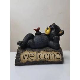Hi-Line Gift Ltd. Lying Bear Statue on Welcome Sign For Garden Yard Porch Entryway Decor