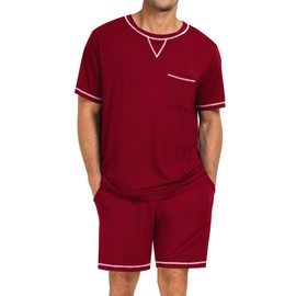 SWOMOG Men Modal Pajamas Set Comfy Sleepwear Short Sleeve Pjs Set Soft 2 Piece Lounge Set Cozy Nightwear with Pockets Wine Red Medium
