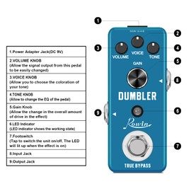 Rowin Analog Dumbler Overdrive Pedal for Guitar and Bass True Bypass