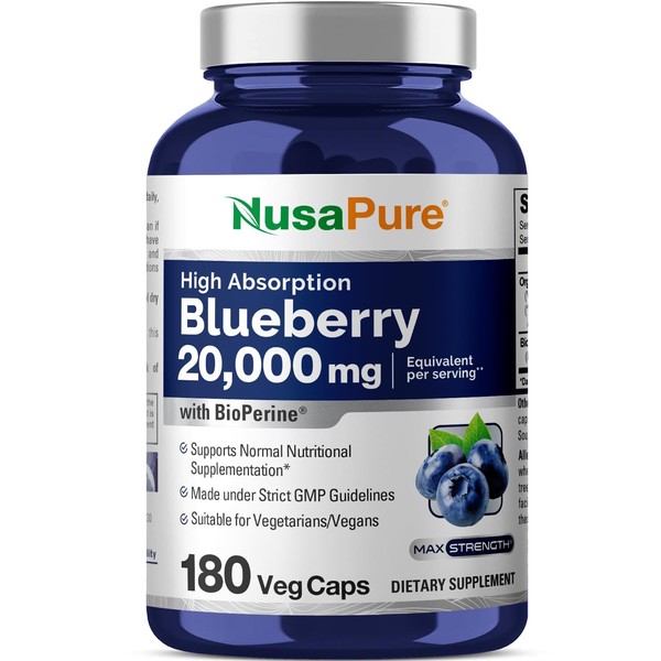 NusaPure Blueberry Concentrate 20,000mg - 180 Veggie Powder caps (Extract 30:1, 100% Vegetarian, Non-GMO)