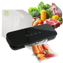 THETCHRY Vacuum Sealer For Food,6-In-1 Food Sealer Machine with 20 Large Vacuum Bags,Built-In Water Tank&Cutter,Powerful Low- Noise Food Saver with Glass Touch Screen,Black