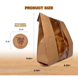 ALPHA LOTUS STORE 50pcs, Paper Bread Bags with window, Large bakery bread bags for homemade baked goods, Sourdough, Snacks, Packing Storage, Gifting Bag, Bonus Sticker Seal, Kraft Paper, 13.6 x 8.25 x 3.75 inches