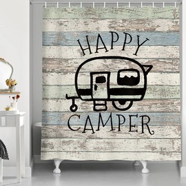 JAWO Happy Campers Shower Curtain Retro Rustic Wood Neutral Color for Travel Trailer Camping Theme Motor RV Bathroom Stall Shower Curtain Set, Waterproof Fabric Shower Cutain, Hooks Include 60X72
