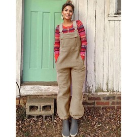 yoeasy Women's Warm Fleece Fuzzy Overalls Sleeveless Winter Loose Adjustable Strap Bib Jumpsuits With Pockets (Small, Khaki)