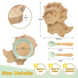 HonGien Baby Plates with Suction Bamboo Plates with Fork and Spoon Non-Slip Baby Bamboo Plate Bamboo Weaning Set for Kids Bamboo Divided Suction Plate Baby Toddlers and Baby Weaning (Dinosaur)