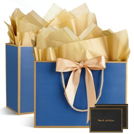 Gfractolux Gift Bags for Present, 2 Pcs Medium Gift Bags for Women with Tissue Paper and Cards, Gift Bags for Birthdays, Baby Shower, Wedding, Party, Holiday Presents 11"X7.9"X3.9" (Blue)