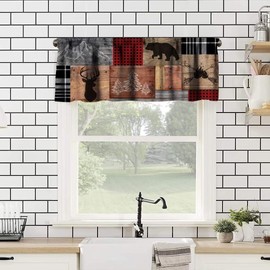 Retro Rustic Valance,Vintage Bear Deer Hunting Wildlife Blackout Curtain Valance,Black Red Plaid Check Western Country Short Window Treatments for Bedroom Living Room Kitchen,54x18in