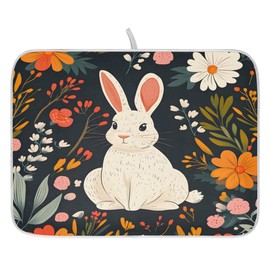 Cute Rabbit Dish Drying Mat for Kitchen Counter Absorbent Microfiber Easter Drying Pad Dish Mat, 16" X 18"