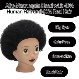 TKIMHEQ 6 Inch Afro Mannequin Head with Synthetic Hair Training Head Manikin Cosmetology Doll Head for Hairdresser Practice Braiding Styling with Clamp Stand Cute Face Big Eyes Black Hair