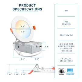 PARMIDA (6 Pack) 4 Inch Dimmable 5CCT Ultra-Thin LED Recessed Ceiling Light with Junction Box, 5 Color Selectable 2700K/3000K/3500K/4000K/5000K, 9W, Canless Wafer Slim Panel Downlight, IC Rated, ETL