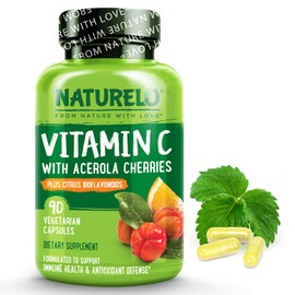 NATURELO NATURELO Vitamin C with Organic Acerola Cherry Extract and Citrus Bioflavonoids - Vegan Supplement - Immune Support - 500 mg VIT C per Cap - Non-GMO - 90 Capsules