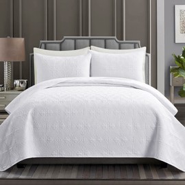 Safonory Quilt Set Full/Queen Size(90"x96", White) - Summer Thin Soft Diamond Pattern Quilted Bedspread for Queen Bed - 3 Pieces Lightweight Coverlet Bedding Set(1 Quilt, 2 Shams)
