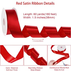 Red Ribbon 1-1/2 Inch 60 Yards Red Satin Ribbon Christmas Ribbon for DIY Crafts Gift Wrapping Flower Bouquet Wedding Party Birthday Stocking Stuffers Decorations