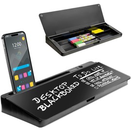 Desktop Dry Erase Board - Glass Dry Erase Board - Black Desk Computer Buddy – Home Office & Studying Essentials - Phone & Tablet Slot, Storage Compartment - Includes 4 Markers, 1 Eraser.