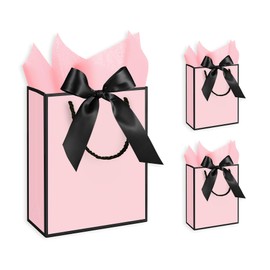 Gift Bags 3 Pcs Medium Size Paper Gift Bags with Tissue Paper and Handles,Bow Ribbon and Greeting Cards, 8" x 5" x 10", Pink
