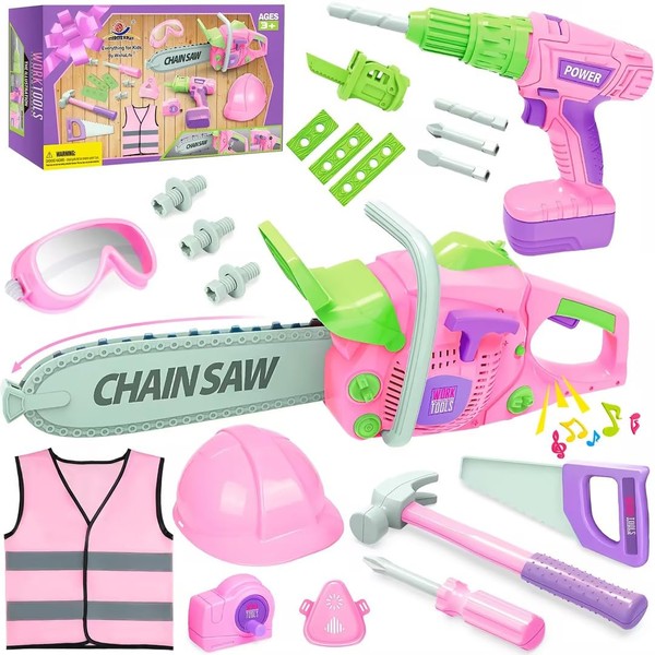 WishaLife Kids Tool Set - Pink Tool Set for Girls with Toy Chainsaw, Toy Drill, Construction Vest, Toddler Tool Set, Pretend Play Toy Tools Gift for Kids Ages 3 4 5 6 7 8 Years Old