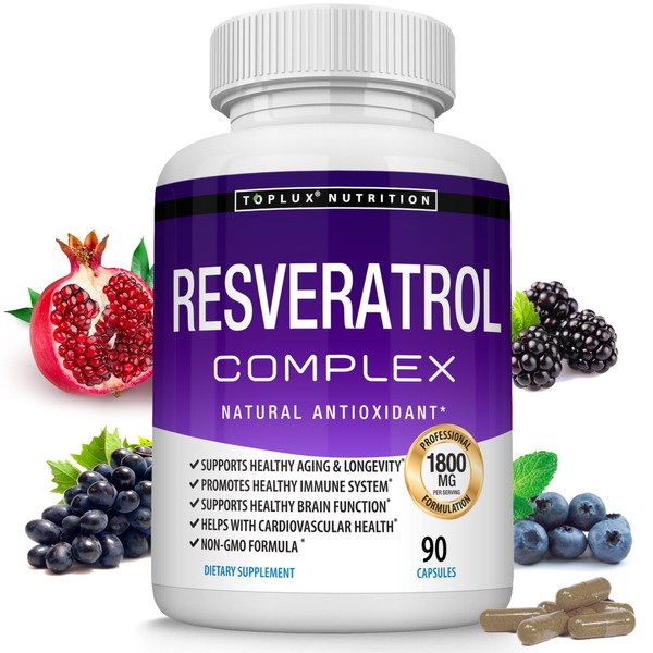 Resveratrol Supplement 1800 mg Antioxidant Complex - Highly Potent Natural Trans-Resveratrol Pills for Healthy Aging, Overall Health Support, Immune System, Brain Function, for Men Women, 90 Capsules