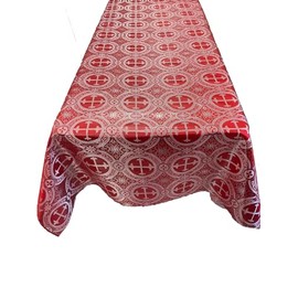 New Creations Fabric & Foam Inc, Rectangular Metallic Cross Brocade Jacquard Satin Tablecloth Overlay/Religious Brocade/Liturgical Fabric/Church. (Red-Silver, 60" x 90" Inches)