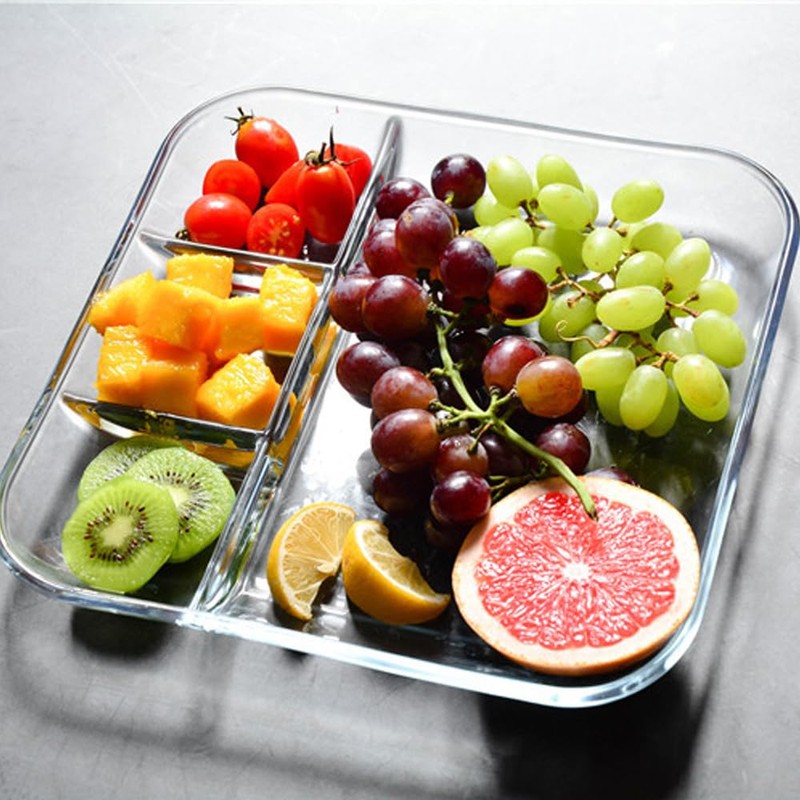 TAMUME 10" Glass Serving Plate with Compartments for Dressing, Pack