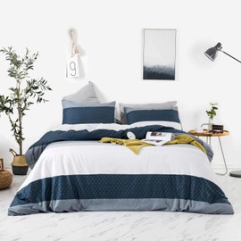 SUSYBAO 3 Piece Duvet Cover Set 100% Cotton Queen Size Navy and White Striped Bedding Set 1 Simple Stripes Print Duvet Cover with Zipper Ties 2 Pillowcases Luxury Quality Soft Breathable Lightweight