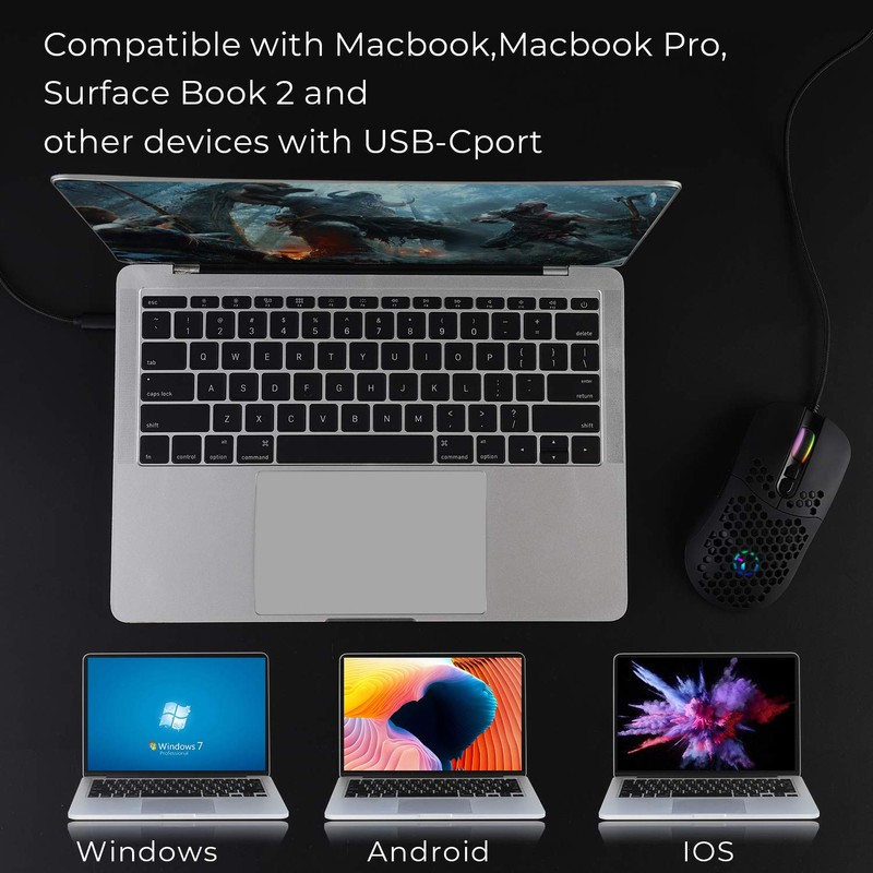 Zienstar-Kabelgebundene USB C Gaming Mäuse,Leichte Wabenschale,7200DPI,RGB-Leuchten für Apple MacBook,Computer oder