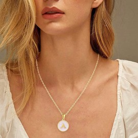 Gold Initial Necklace for Women Mother-of-Pearl Inlaid Pendant Necklace 18K Gold Plated Nature Shell Letter Necklace A-Z Choker Necklace Birthday Valentine's Day Gift for Her (L)