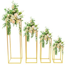 TFCFL 4Pcs Square Stand Metal Outdoor Wedding Backdrop Props Decorations, Flower Rack Column Stand Vase Geometric Centerpiece for Wedding Party, Gold