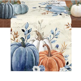 Thanksgiving Fall Table Runner-Cotton Linen- 70 Inch Holiday Dresser Scarves, Blue Orange Grey Pumpkin Maple Leaf Rustic Tablerunner for Kitchen Coffee/Dining Bedroom Living Room Dinner Scarf Décor