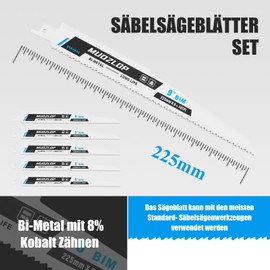 MUOZLOP 5 Pack 225 mm Reciprocating Saw Blades Set, 8 + 10 TPI Saw Blades for Reciprocating Saw, for Metal Reciprocating Saw Blades (5, 8 + 10TPI 225 mm)