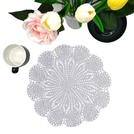 BIBITIME 12 inches Round Flower Lace Doilies Vase Mats Kitchen Tablecloth Dish Plate Mat Handmade Crochet Table Doily Placemats (Light Grey,1PC)