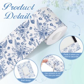 Motiskyy 65 Feet Blue Floral Bulletin Board Borders Blue Flower Bulletin Border Board Blackboard Chinoiserie Straight Wavy Scalloped Trim Borders for Classroom Office Home Decor