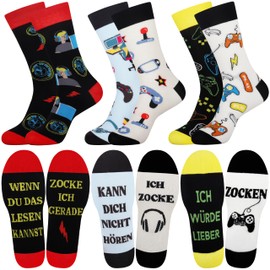 Jeasona 3 Pairs Men's Socks 43-46 with Saying Cotton Calf Length, Multi-coloured gaming