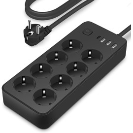 Steckdosenleiste 12-Fach mit 4 USB (3 USB-A + USB-C), Überspannungsschutz 2000W/5V 2A, 1,8m Verlängerungskabel für Haushalt, Büro & Reisen – Black