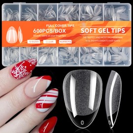AddFavor 600pcs Short Almond Nail Tips, Soft Gel X Nail Tips Almond Short Clear Fake Nails Full Cover Acrylic Nail Tips for Extension Nail Manicure Salon Home DIY