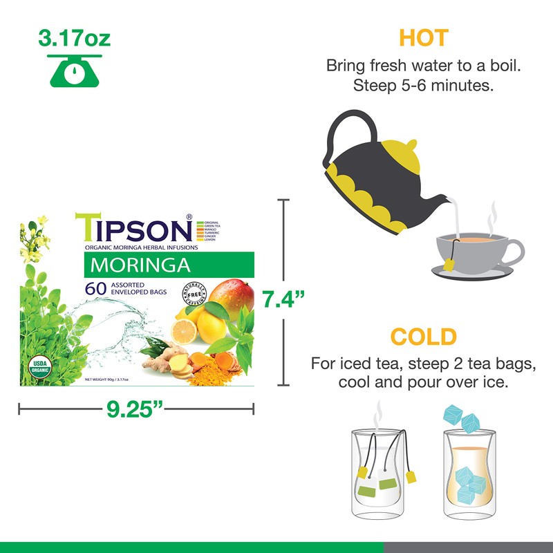 Tipson Organic Moringa Variety Sampler - 6 Flavors (60 Tea