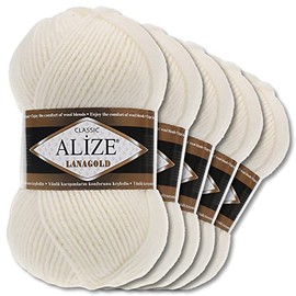 Alize 5 x 100 g Lanagold Wool | 53 Selection | Knitting Crochet Wool (62 | Light Cream)