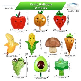 10 Pcs Fruit Balloons and Vegetable Balloons - Large Apple Orange Strawberry Grape Mushroom Banana Avocado Corn Carrot Broccoli Mylar Foil Balloons, Fruit Theme Birthday Party Decorations Supplies