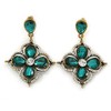 Vintage Inspired Emerald Green/Clear Flower Drop Earrings In Antique Gold