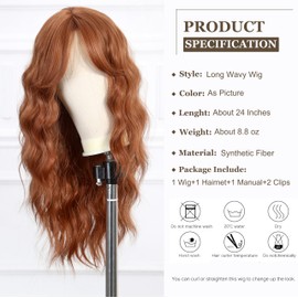 Esmee Long Wavy Ginger Auburn Wigs for Women Natuaral Synthetic Hair Heat Resistant Wig for Daily Party Cosplay Use-24 Inches（Curtain Wigs）