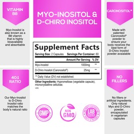 Myo-Inositol & D-Chiro Inositol 1025mg - 40:1 Ideal Ratio for Ovarian Support, Vegan Myo & D Chiro Supplement for Women's Natural Balance and Hormone Support, Vitamin B8, Non-GMO - 120 Capsules