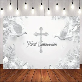 First Holy Communion Backdrop Banner Silver Watercolor Floral Peace Dove Party Decor Christening Newborn Baby Shower Party Background Mi Primera Comunion Backdrop (7X5FT)